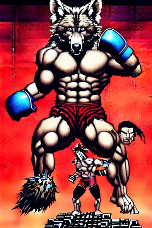 Image similar to extreme long shot. 8 bit nes graphics. antropomorphic muscular masculine wolf. kickboxer fighter, in shorts. wolf head. angry. fine details, very sharp, art from nes game cartridge, 8 0's, vhs artefacts, vaporwave style, marc simonetti and hermann nitsch and anish kapoor.