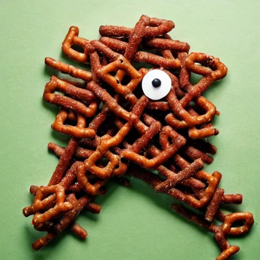 Image similar to A hedgehog made out of ground beef and pretzel sticks.