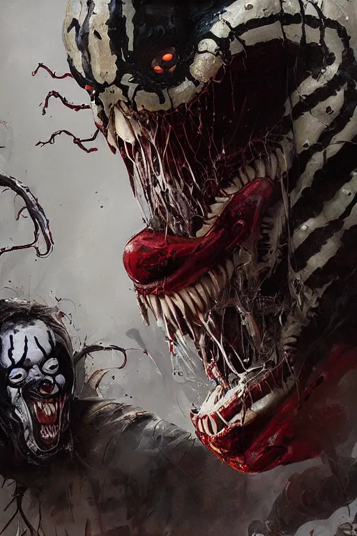 Prompt: a realistic painting of a terrifying venom+pennywise concept art by greg rutkowski, Craig Mullins, Todd McFarlane