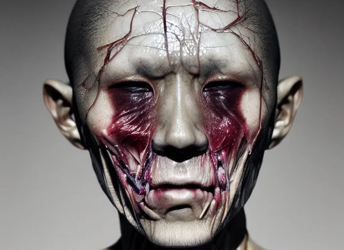 Prompt: mid shot portrait of samurai with translucent skin, visible bones and muscle and veins and nerves and internal organs, in the style of david cronenberg, high fashion, id magazine, realistic, sharp focus, 8 k high definition, film photography, photo realistic, insanely detailed, by david kostic and stanley lau and artgerm