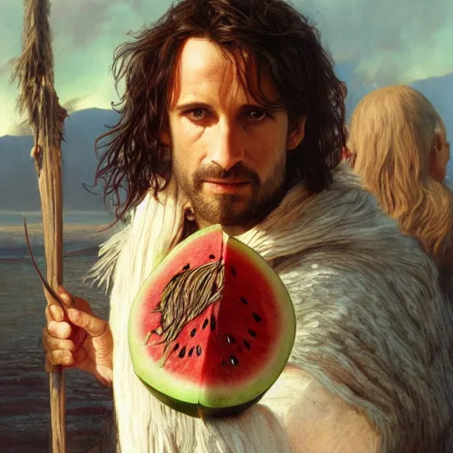 Image similar to a watermelon as aragorn by alan lee, leather armor, golden hour, concept art, detailed clothing, art station, oil painting, art by artgerm and greg rutkowski and alphonse mucha