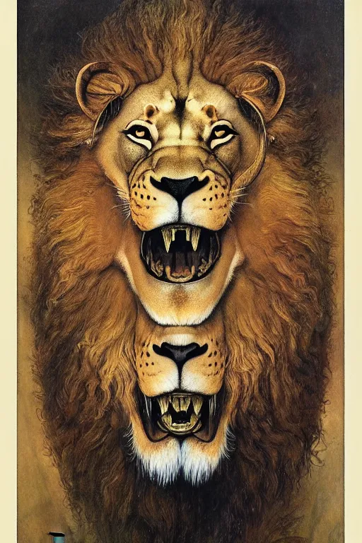 Image similar to portrait of a lion in the style of wayne barlowe, gustav moreau, goward, bussiere, roberto ferri, santiago caruso, luis ricardo falero, austin osman spare