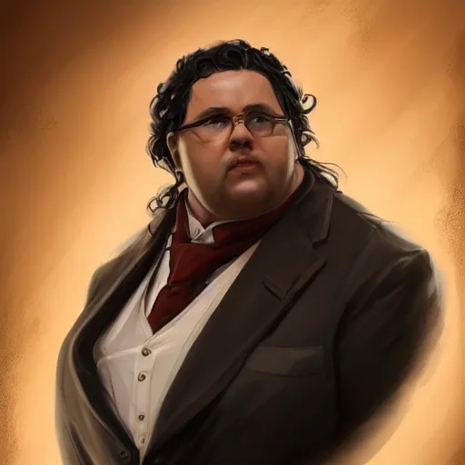 Image similar to a portrait of a short fat man with long curly black hair and a brown suit, D&D, sci-fi, elegant, hopeful, muscular, highly detailed, digital painting, artstation, concept art, smooth, sharp focus, illustration