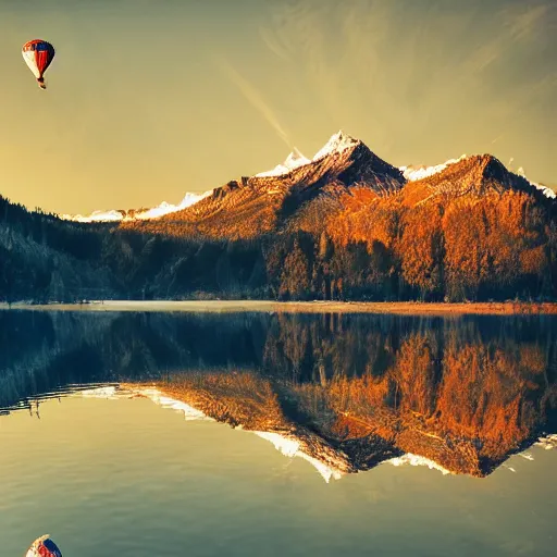 Image similar to photo of two black swans touching heads in a beautiful reflective mountain lake, a colorful hot air balloon is flying above reflecting off water, hot air balloon, intricate, 8k highly professionally detailed, centered, HDR, CGsociety