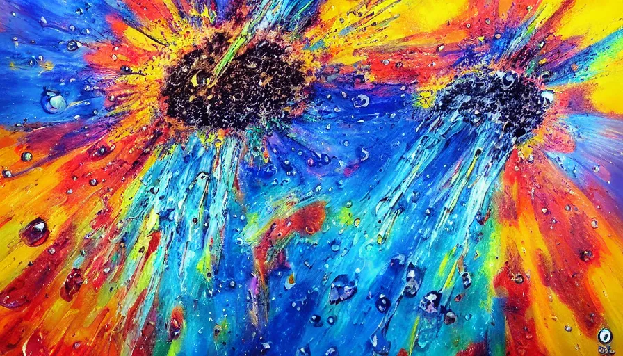 Image similar to nuclear explosion, painting on canvas, watedrops, water droplets, acrylic painting, acrylic pouring, painting, influencer, artstation - h 8 0 0