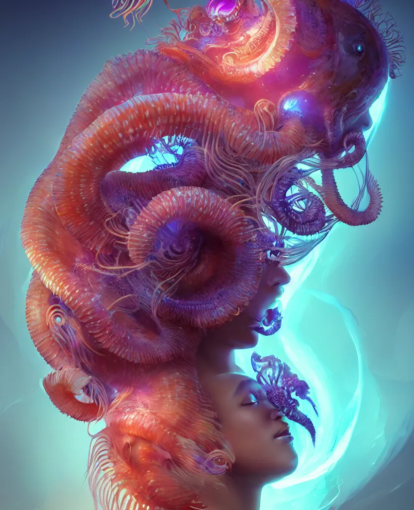 Image similar to goddess close-up portrait. chimera orchid jellyfish phoenix head, nautilus, skull, betta fish, bioluminiscent creatures, intricate artwork by Tooth Wu and wlop and beeple. octane render, trending on artstation, greg rutkowski very coherent symmetrical artwork. cinematic, hyper realism, high detail, octane render, 8k