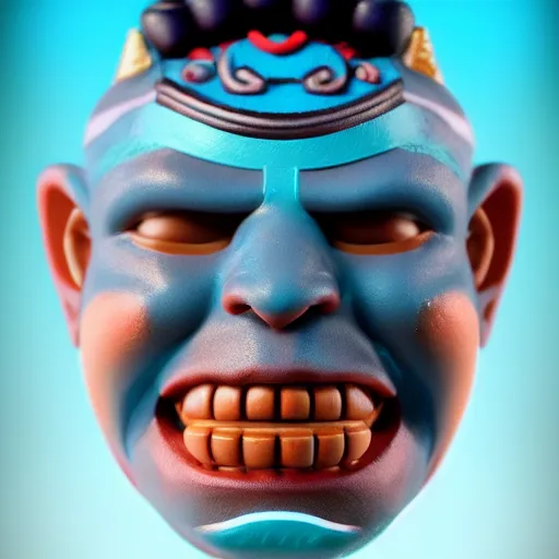 Image similar to closeup headshot 3 d toy maori god as funco toy, plastic, sss, octane 4 k render, studio lighting, artstation, cyan photographic backdrop, 1 0 5 mm, f 2. 8 aperture