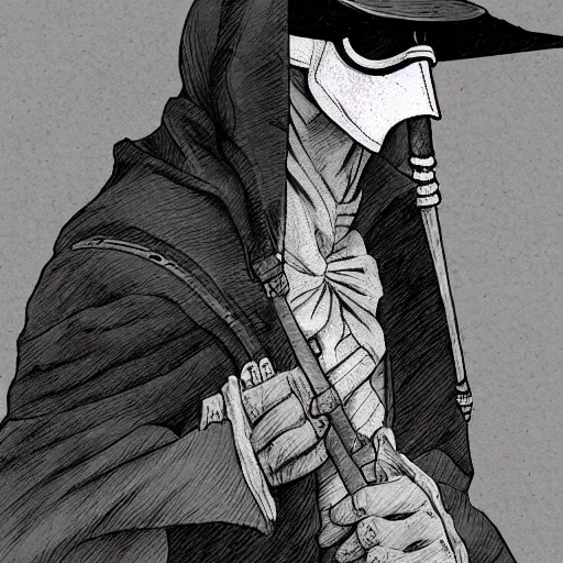 Image similar to a portrait of a plague doctor gunslinger, dark fantasy, horror, western, hell, ultrafine detailed digital pencil art by frank frazetta and vito acconci and and takeshi obata, death note style, colored, symetric body, cgsociety, sharp focus, detailed face