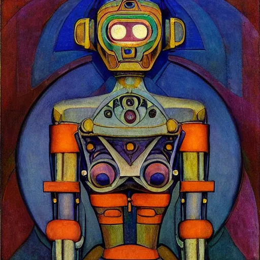 Image similar to the robot in her intricate mechanical mask, by annie swynnerton and diego rivera and kit williams and leo and diane dillon and nicholas roerich, symbolist, dramatic lighting, elaborate geometric ornament, art brut, god rays, soft cool colors, smooth, sharp focus, extremely detailed, adolf wolfli