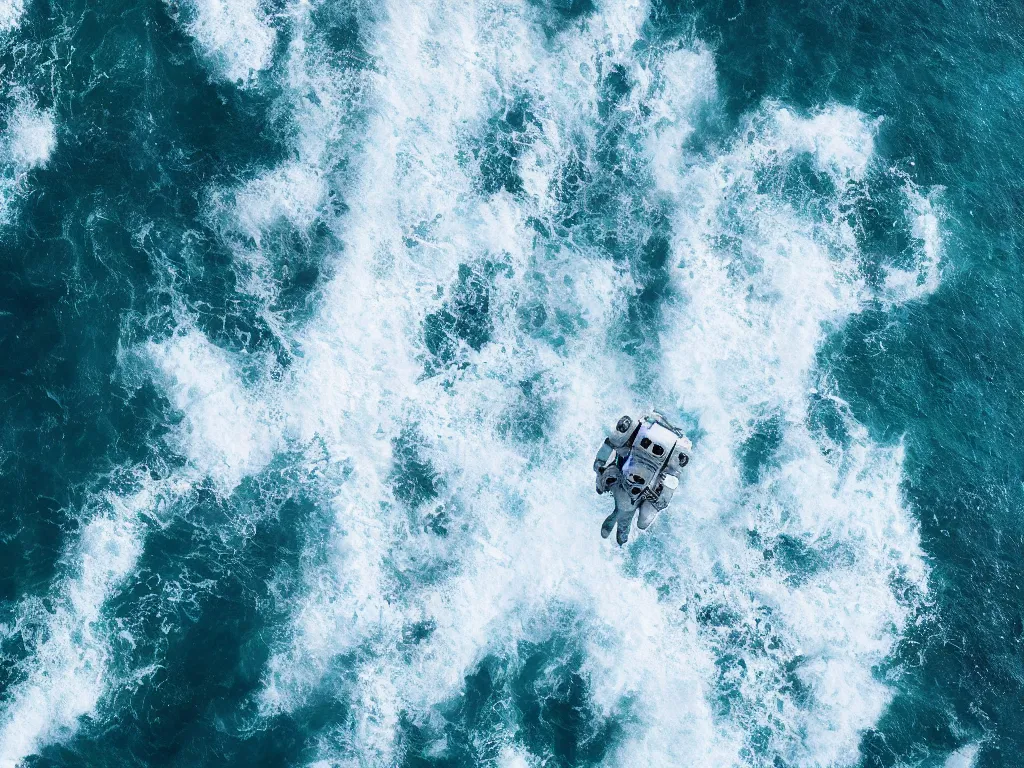 Prompt: photo of a giant astronaut coming out from the ocean, ultra realistic, detailed, artstationHQ, artstationHD, 4k, 8k, aerial view