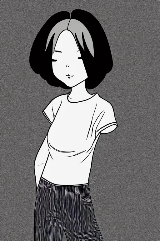 Image similar to portrait of a girl in long pants and a top, hands in pockets, eyes closed, bob haircut, digital art, black and white, manga style