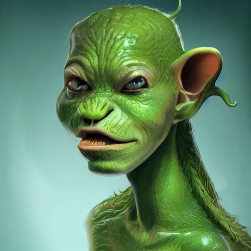 Image similar to Very detailed illustration of a beautiful goblin girl, green skin, big beautiful ears, digital concept art