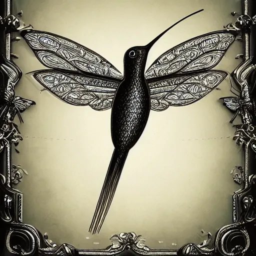 Image similar to very technical and detailed robot hummingbird, Center Frame, intricate details, ultra-detailed, baroque style, illustration, desaturated, concept art