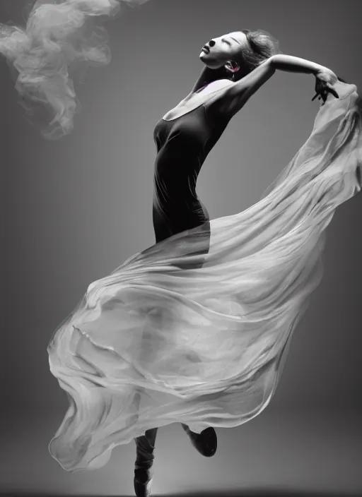 Prompt: a photorealistic dramatic hyperrealistic render of a glamorous beautiful female dancer by ken brower and deborah ory of nyc dance project, lois greenfield, flowing cloth and smoke, beautiful dynamic dramatic dark moody lighting, beautiful face volumetric, shadows, artgerm, cinematic atmosphere, octane render, 8 k