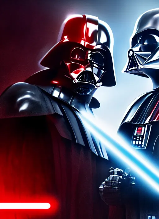 Prompt: Film poster, Darth Vader VS RoboCop, faces look at each other, detailed and realistic, 4k, filmic render