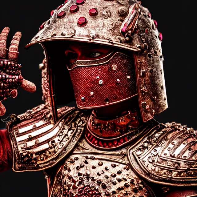 Image similar to photo of a warrior with ruby encrusted armour, highly detailed, 8 k, hdr smooth, sharp focus, high resolution, award - winning photo, dslr, 5 0 mm