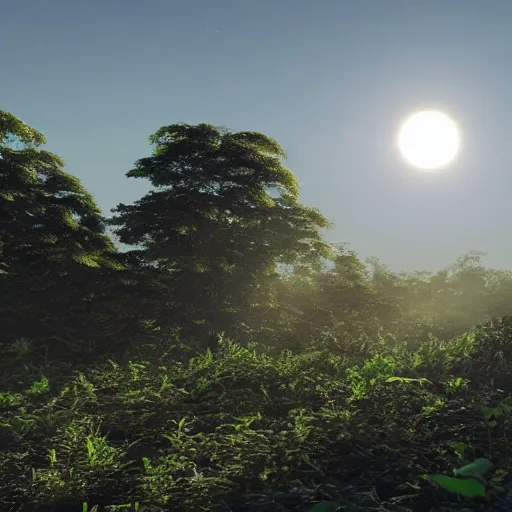 Prompt: view of two suns from surface of jungle planet