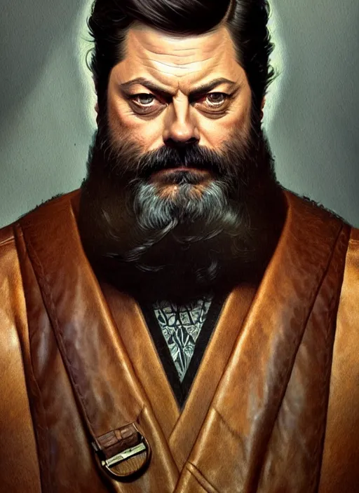 Image similar to portrait of nick offerman, long beard, intricate, leather robes! elegant, muscular! highly detailed, digital painting, artstation, concept art, smooth, sharp focus, illustration, art by artgerm and greg rutkowski and alphonse mucha