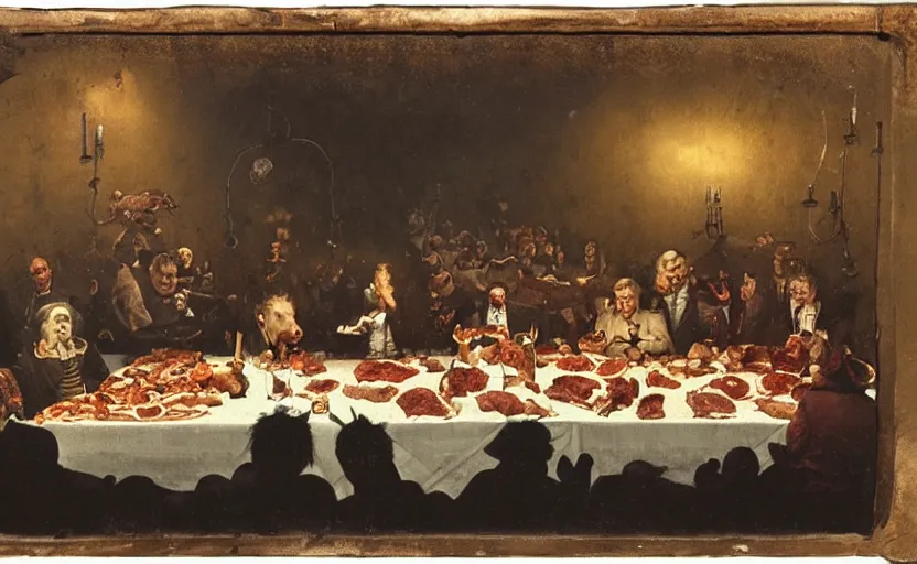 Image similar to daguerreotype of a formal dinner party involving a great deal of meat on a table in a dark kitchen watched by a fat monster in one corner, painted by rick berry and norman rockwell and zdzislaw beksinski, highly detailed