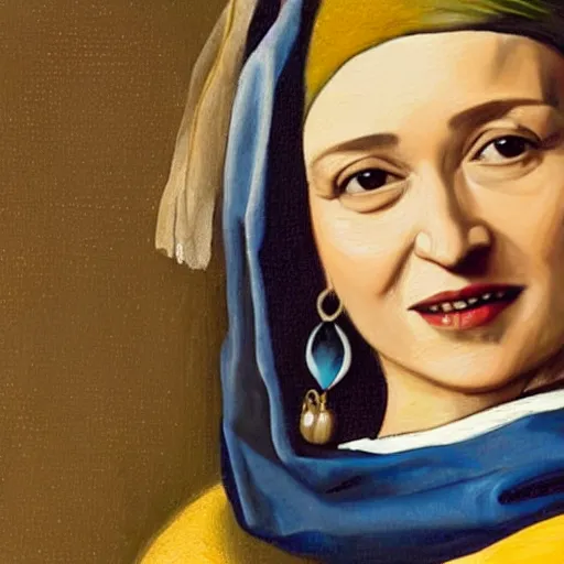 Prompt: facebook executive sheryl sandberg with pearl earring, painting by johannes vermeer