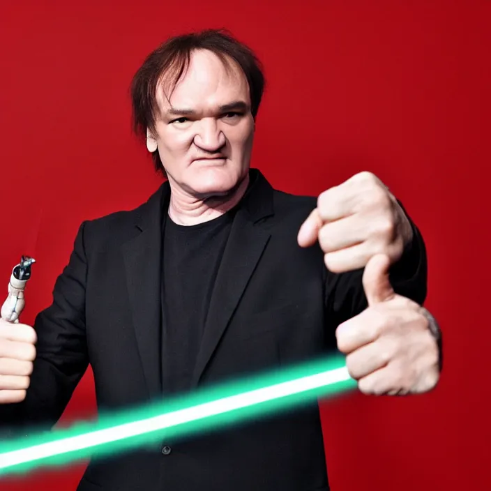 Prompt: quentin tarantino giving his thumbs up and raising a lightsaber. without characters. green screen background. cinematic trailer format.