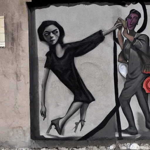 Image similar to This street art was painted in 1937 during the Guerra Civil Española. The woman in the street art is weeping. She is wearing a black dress and a black veil. Her face is distorted by grief. The street art is dark and somber. afrofuturism by Dora Maar, by Heywood Hardy loose, lively