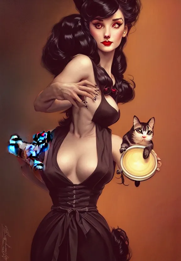 Image similar to Necromancer waitress of a small 50’s style diner holding a cat, fantasy magic, dark pin-up style hair, dark light night, intricate, elegant, sharp focus, illustration, highly detailed, digital painting, concept art, matte, art by WLOP and Artgerm and Greg Rutkowski and Alphonse Mucha, masterpiece