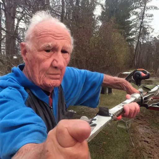 Image similar to photo of my grandfather accidentally taking a selfie with the front camera while trying to start the chainsaw but it never starts the first time so he is angry