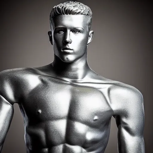 Image similar to “ a realistic detailed photo of a guy who is an attractive humanoid who is half robot and half humanoid, who is a male android, football player christian mccaffrey, shiny skin, posing like a statue, blank stare, on the bed, on display ”