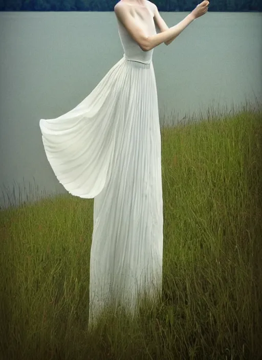 Image similar to photo, inspired by zdzisław beksinski, long shot, woman posing, short wavy hair, round face, intricate white dress, lakeside, cottagecore!!, intricate, enlightened, highly detailed, smooth, sharp focus, inspired by artgerm, by marat safin, and alphonse mucha