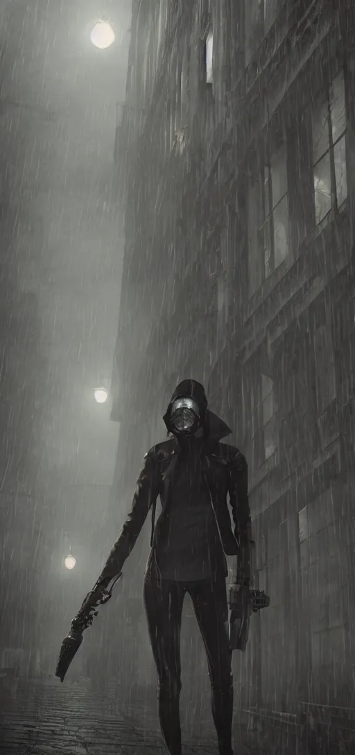 Image similar to annie leonhart in dunwall city wearing a mask, redshift render, cinematic lighting, rainy weather, melancholy atmosphere, dunwall city, volumetric light, octane render, dishonored game, dishonored 1, gothic architecture, realistic reflections, octane render 8 k