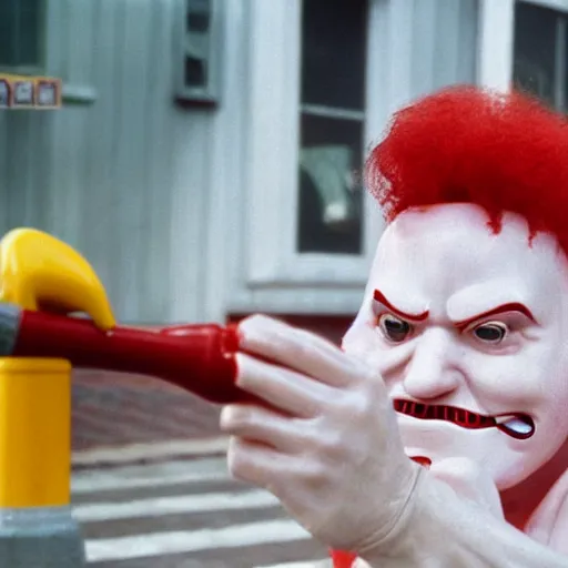 Image similar to ronald mcdonald putting the lotion on its skin or else it gets the hose again, terror, fantasy realism, high quality, sharp focus, dutch angle