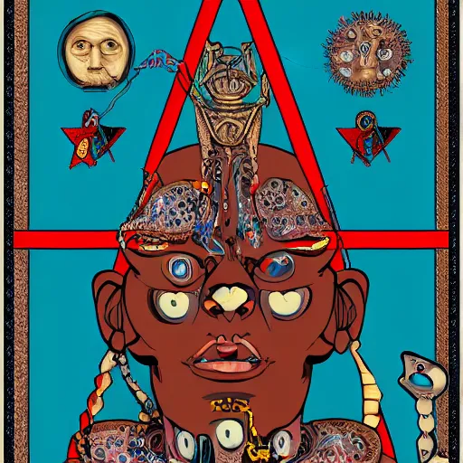 Image similar to portre of an autistic demon on acid, masonic and kabalistic symbols in background, digital art, 8k, delicate details