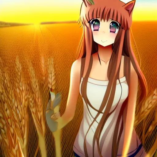 Image similar to anime illustration of Holo from Spice and Wolf standing in a wheat field at sunset, Holo is a wolf girl, high detail, trending on pixiv