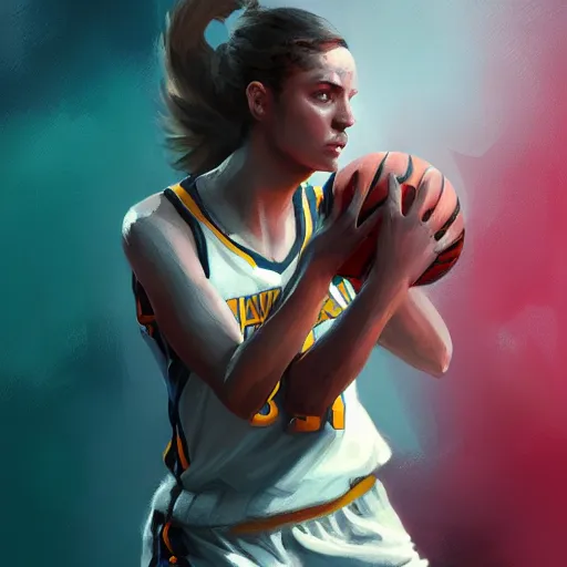 Image similar to painting of an woman basketball player, greg rutkowski, cg worker artstation