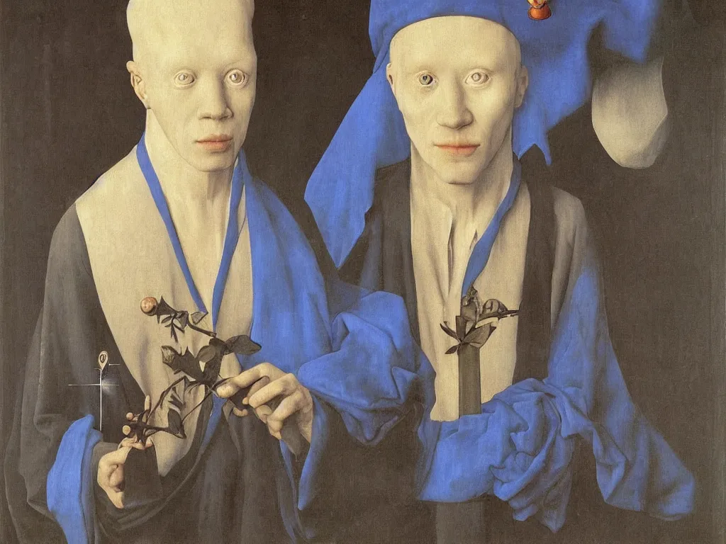 Prompt: Portrait of albino mystic with blue eyes, with cross. Painting by Jan van Eyck, Audubon, Rene Magritte, Agnes Pelton, Max Ernst, Walton Ford