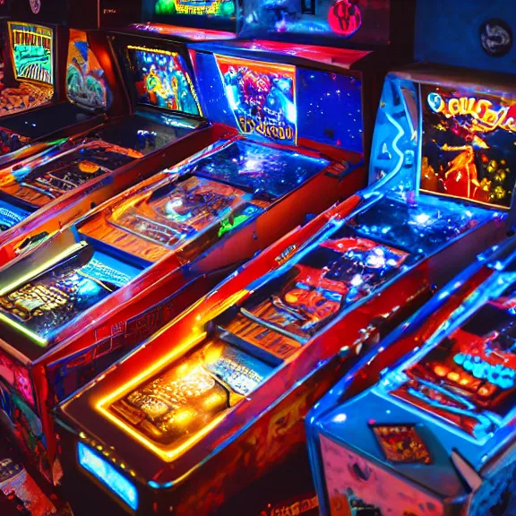 Prompt: Overhead shot of a lit up space-themed retro pinball machine in an arcade, photorealistic, studio lighting