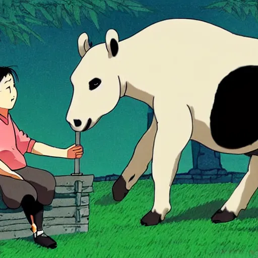 Prompt: a horse talking with a giant panda, studio ghibli style