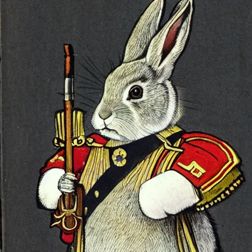 Image similar to an illustration from a book showing a rabbit wearing an Imperial Russian Officer's uniform