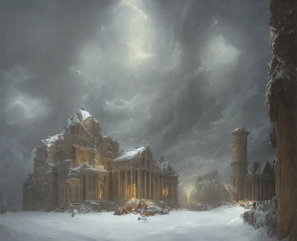 Image similar to pipe organ in winter, fantasy, medieval, grey smoke highly detailed, Artstation, oil on canvas painting by Thomas Cole and john howe and alan lee