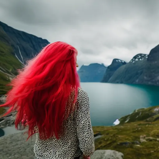 Prompt: a young woman with long pink hair looking at fjords, hiking clothes, tank top, norway, fjords in background, cinematic, beautiful, stunning, day time, epic, 8 k, 1 6 : 9