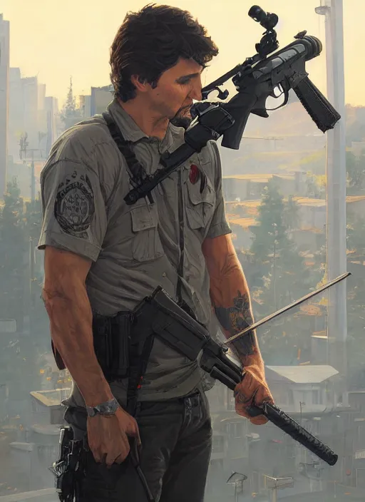 Image similar to highly detailed portrait justin trudeau in street gang attire holding ar - 1 5! in gta v stephen bliss unreal engine fantasy art by greg rutkowski loish rhads ferdinand knab makoto shinkai lois van baarle ilya kuvshinov rossdraws tom bagshaw global illumination radiant light detailed intricate environment