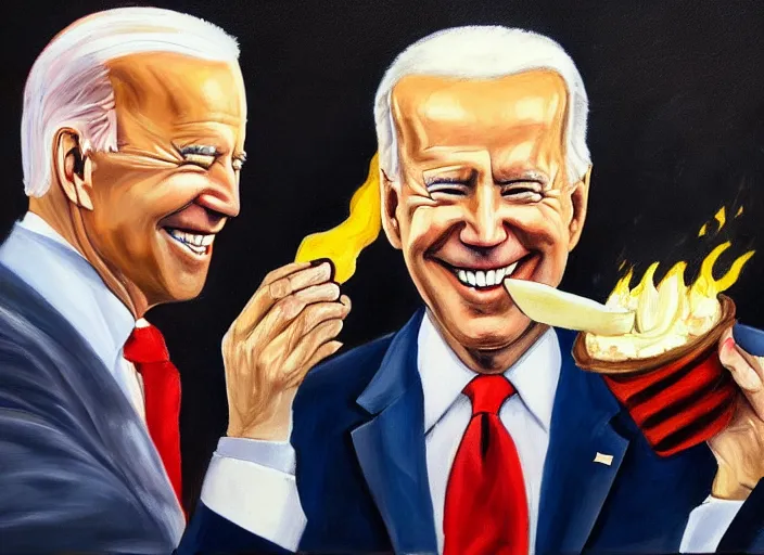 Image similar to oil painting of joe biden eating an ice cream with the whitehouse on fire behind him beautiful artwork by rutowski, realistic, 4 k, masterpiece