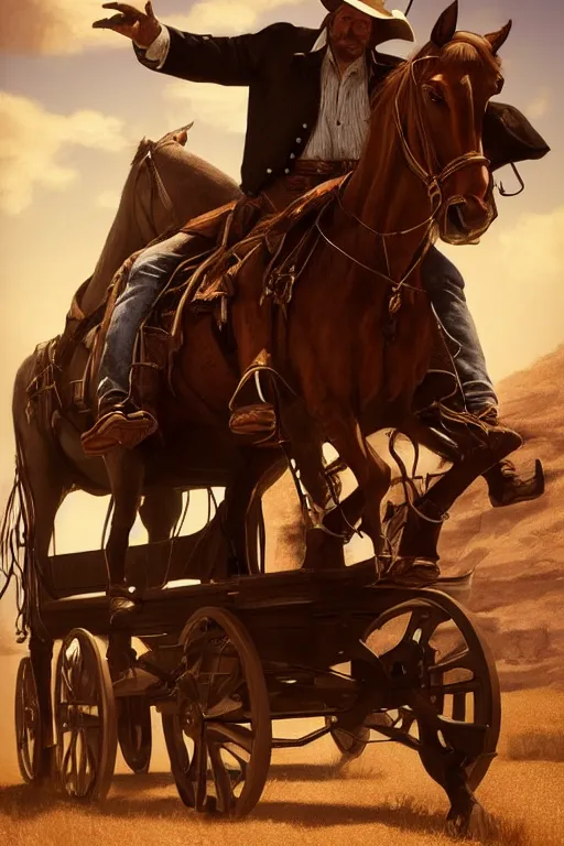 Image similar to hyperrealist portrait of a cowboy driving stage coach by fredrick remington and howard powel, fantasy art, photo realistic, dynamic lighting, artstation, poster, volumetric lighting, very detailed faces, 4 k, award winning