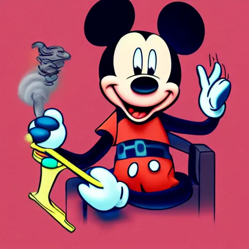 Image similar to mickey mouse with stoned eyes smoking a bong while sitting on a couch, messed apartment, amazing digital art, highly detailed