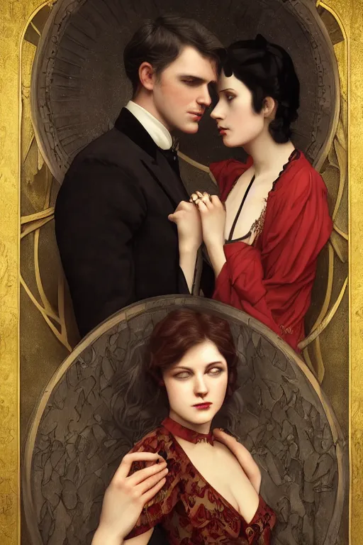 Prompt: a portrait of handsome young evil male Satan and his elegant beautiful wife, bored, illustration, dramatic lighting, soft details, painting oil on canvas, art nouveau, octane render, HDR, 4k, 8k, HD, by Edmund Blair Leighton, Brom, Charlie Bowater, trending on artstation, faces by Tom Bagshaw, Sargent