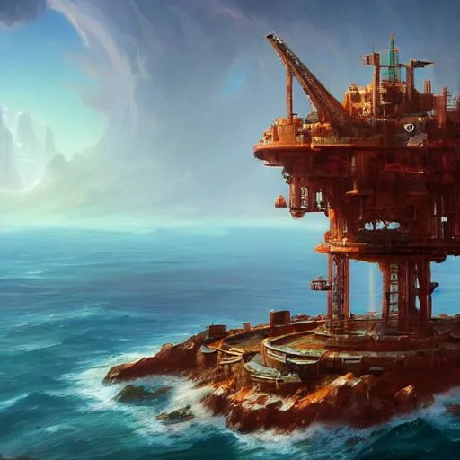 Image similar to a rust - colored terraforming tower jutting out of a vast ocean, sci fi concept art by tyler edlin, antoine blanchard, thomas cole