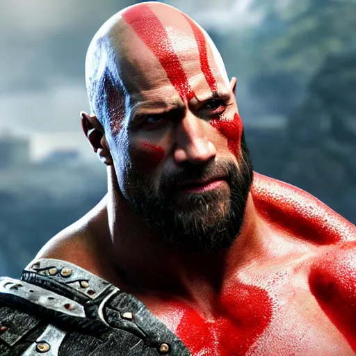 Image similar to dwayne johnson as kratos from god of war, detailed, unreal engine 5