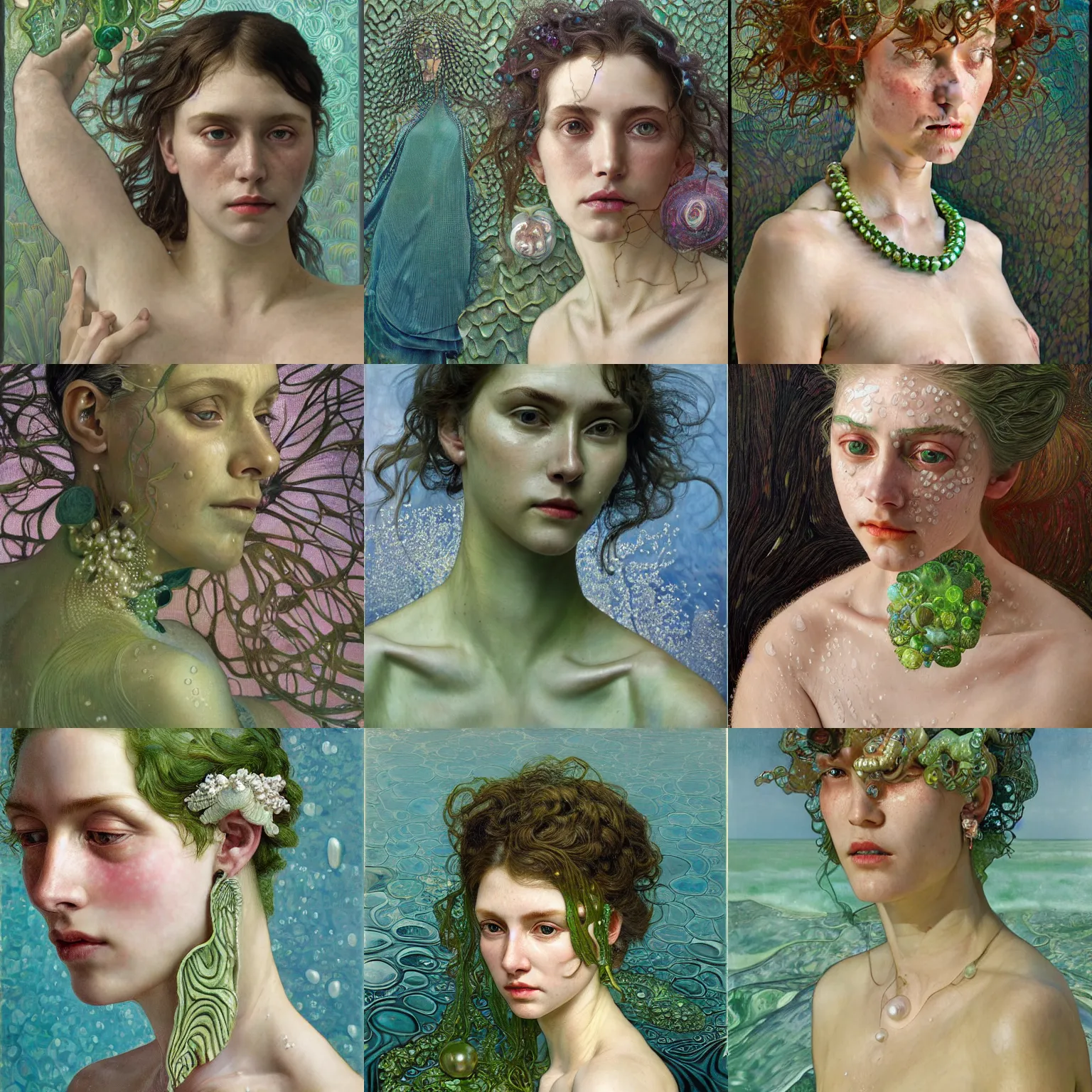 Prompt: hyperrealist portrait, half body pearl skin, algae green jewelry submerge in a ocean waves at, wet by lucian freud and victo ngai and alphonse mucha very detailed faces