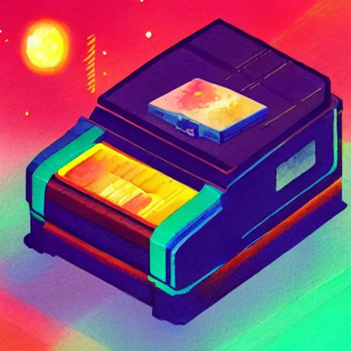 Prompt: an isometric watercolor illustration of an old printer in space, flat synthwave art style